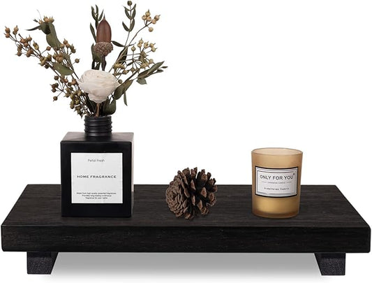 zoocatia Small Wood Tray Pedestal Stand Farmhouse Bathroom Decor Decorative Wooden Riser Kitchen Soap Dish Holder for Vanity, Counter, Sink, Large 11.8" x 7" - Black