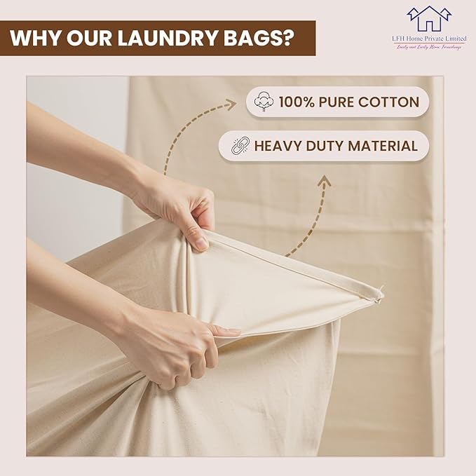 LFH Home Large Premium 100% Cotton Canvas Laundry Bag with Drawstring and Handles Heavy Duty, Multi-Use, and Washable for Home, Travel, College or Storage 24x36 (Pack of 2)-Natural