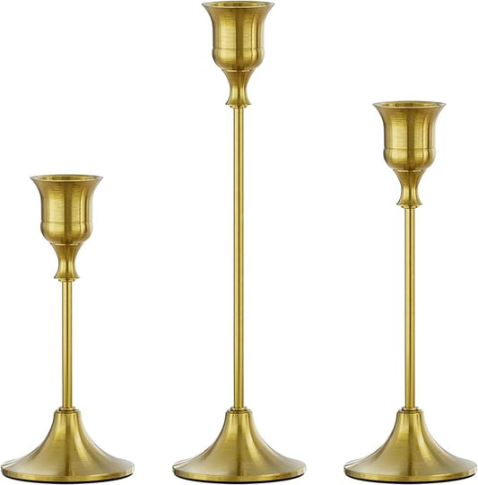 FSyueyun Brass Candlestick Holders Set of 3, Elegant Metal Candlestick Holders for Vintage Taper Candle Holders, Perfect for Table Centerpieces, Fireplace, Home Decor, Weddings and Party Decorations