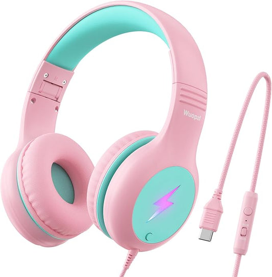 Kids USB C Headphones for School, 2025 Upgrade Safe Listening Wired Over-Ear Headphones with LED Lights, Volume Limiter & Microphone, Foldable Design for iPhone 16, iPad, Tablet