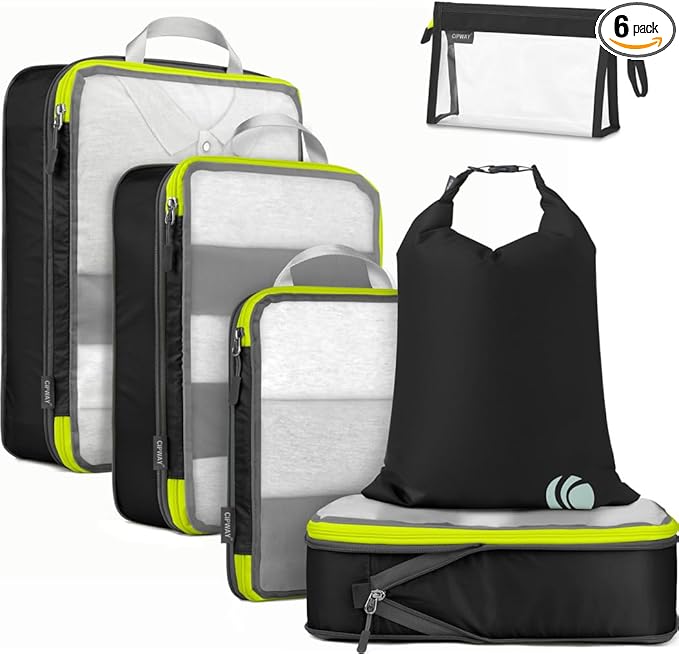 Cipway Compression Packing Cubes, See Through Mesh Luggage Organizer Bags, Travel Essentials for Carry on Suitcase with Laundry Bag and Clear Toiletries Bag（6Pcs,Black）