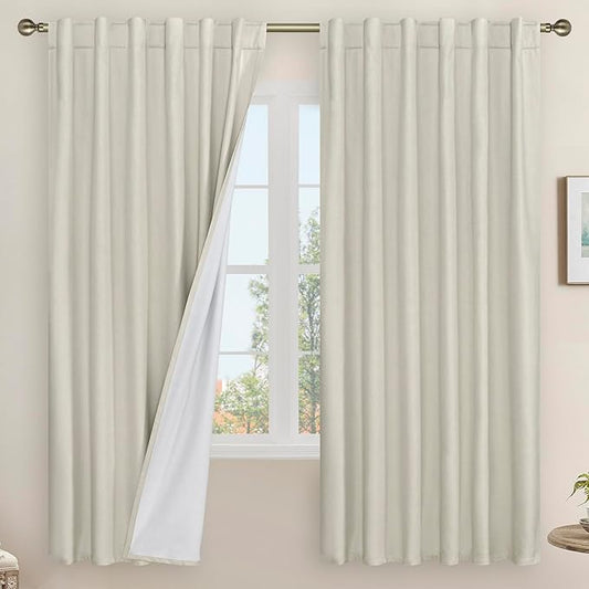 LAMIT 100% Blackout Linen Curtains, 72 Inch Linen Textured Living Room Farmhouse Curtains Room Darkening Back Tab and Rod Pocket Burlap Neutral Panels with White Liner, 2 Panels, 52 x 72 Inch, Stone