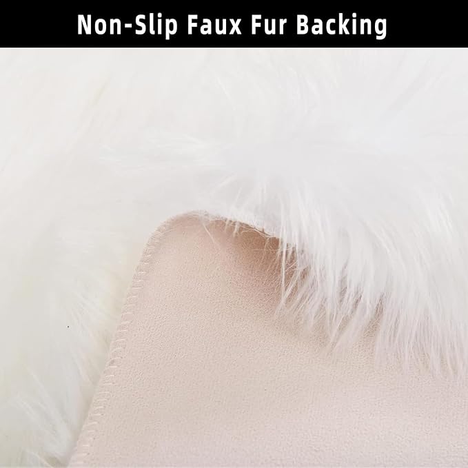 White Faux Fur Sheepskin Area Rug for Living Room Bedroom, 6 x 6 Feet Ultra Soft Shaggy Fuzzy Furry Carpet Chair Throw Large Rugs for Kids, Girls, Nursery Room Decor Dorms