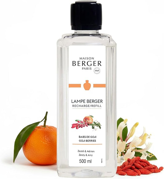 MAISON BERGER Goji Berries Lampe Berger Refill, 500 ml (16.9 fl oz), Odor-Neutralizing Home Fragrance Oil Lamps, Orange, Mandarin, Lemon Zest, Honeysuckle, Carrot, Made in France
