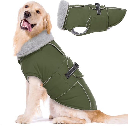 Lelepet Warm Dog Coat Waterproof Dog Jacket for Large Dogs Reflective Fleece Vest with Adjustable Buckle Hook & Loop Windproof Cold Weather Coats for Small Medium Large Dogs, Army Green, XXL