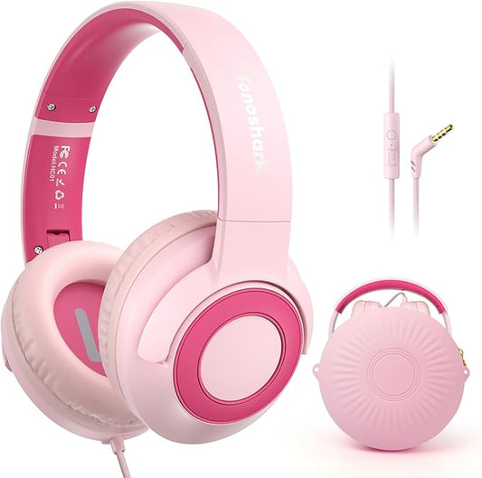 Kids Wired Headphones with Microphone, Volume Limited to 85/94dB, Foldable 3.5mm Jack Headset for Girls, Pink Over-Ear Headphones for School, Study & Travel, Includes Carry Case（Pink）