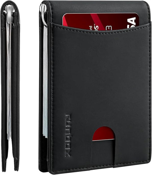 RUNBOX Slim Wallet for Men Genuine Leather RFID Blocking Bifold Minimalist Front Pocket Mens Wallet with Money Clip Thin Gift Box