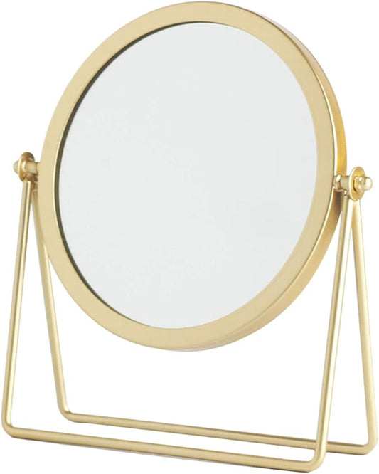 Iron Tabletop Makeup Mirror, Round Swivel Desktop Stand Mirror, 360°Rotation One-Sided Dressing Table Mirror(Golden)