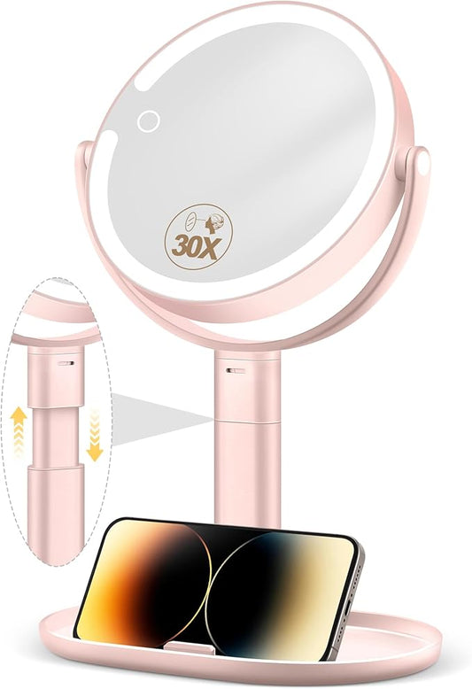 Makeup Mirror with Lights, 30X Magnifying & Height Adjustable, Lighted Magnifying Mirror with 3 Light Modes and Stepless Dimming, Vanity Mirrors for Bathroom, Birthday Gift for Women, Pink
