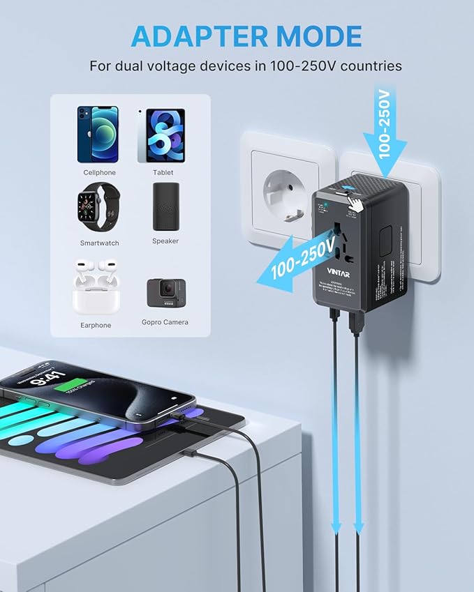 220V to 110V Travel Voltage Converter, VINTAR 2000W International Universal Voltage Converter US to Europe Adapter with 4 USB Ports (2 USB C), Step Down Power Converter Adapter Combo for US EU UK AUS