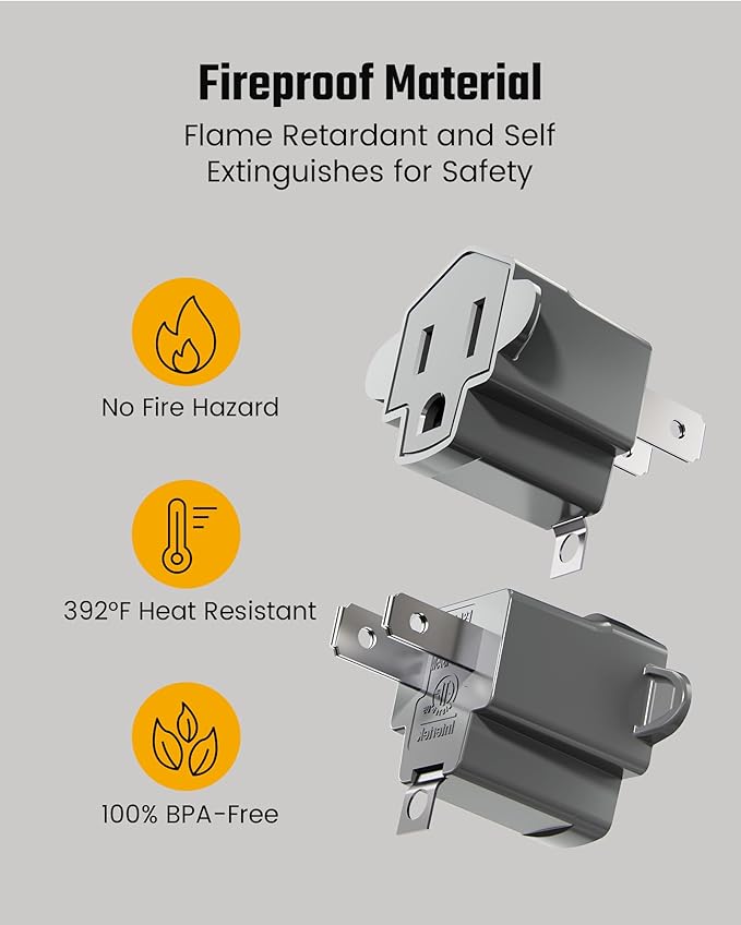 2 Prong to 3 Prong Outlet Adapter, ETL Listed 3-2 Prong Adapter, Fire-Retardant (392℉) PBT Material, SUPERDANNY Heavy Duty Wall Plug Adapter for Old Homes, Travel to Japan, Gray, 2-Pack