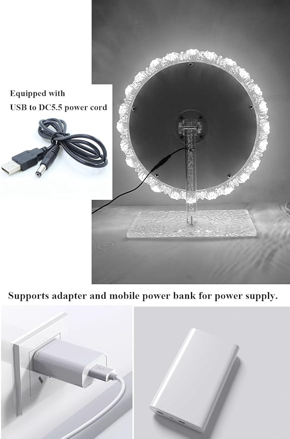 Crystal LED Vanity Mirror with Touch Control 3 Color Lights, Dimming 360° Rotation Desktop Elegant Decorative Hollywood HD Makeup Mirror(Tabletop Mirror-30cm)
