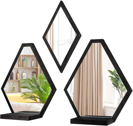 JACKCUBE Design Wall Mount Decorative Mirrors- Set of 3, Geometric Rustic Wood Real Mirror with Shelf for Bedroom, Bathroom, Living Room, Kitchen Wall Art Décor- MK689A