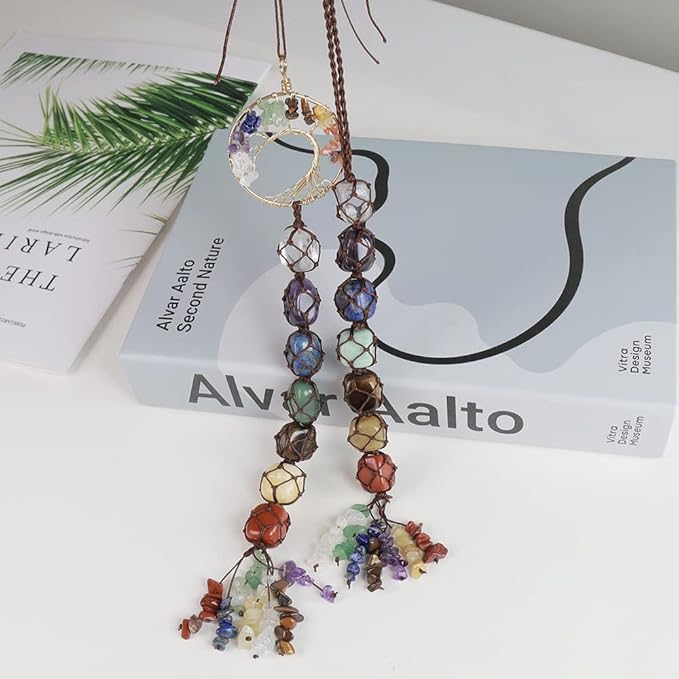 2 Pieces of 7 Chakras Healing Crystals and Tree of Life Wall Hanger Tumbled Gemstones Meditation Hanging Ornament Christmas Tree Memorial Hanging Pendant (Style 1)