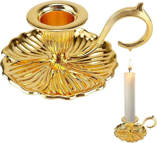 Vintage Candle Stick Holder, Handle Stand Iron Candle Stick Holder, Small Taper Candle Holder for Table Home Decoration (Gold)