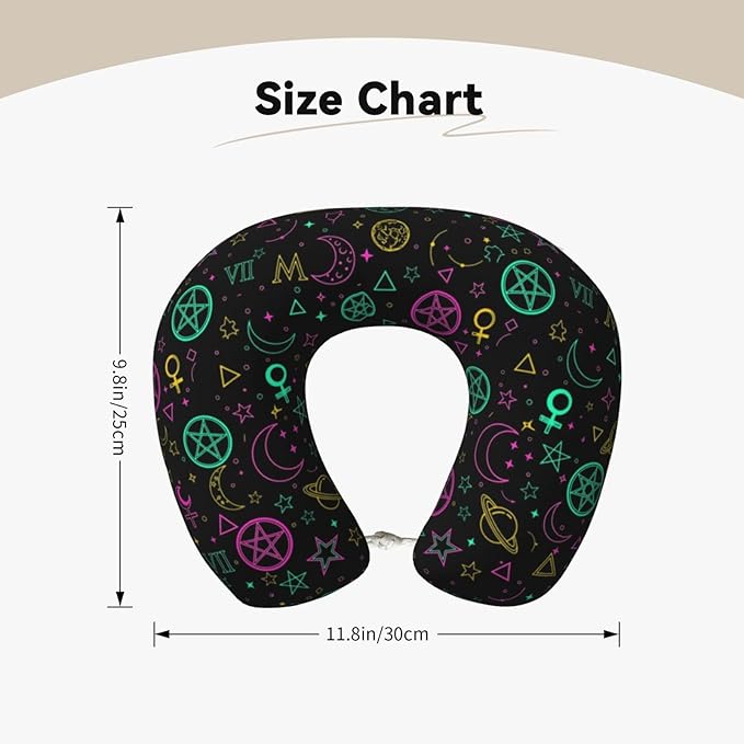 Travel Pillow Chin Neck Support, Comfortable Airplane Car Pillows for Rest, Memory Foam U Shaped Office Home Nap Sleeping Cushion Witch Magic Sun Moon Star Alchemical Cosmic Signs Witchcraft