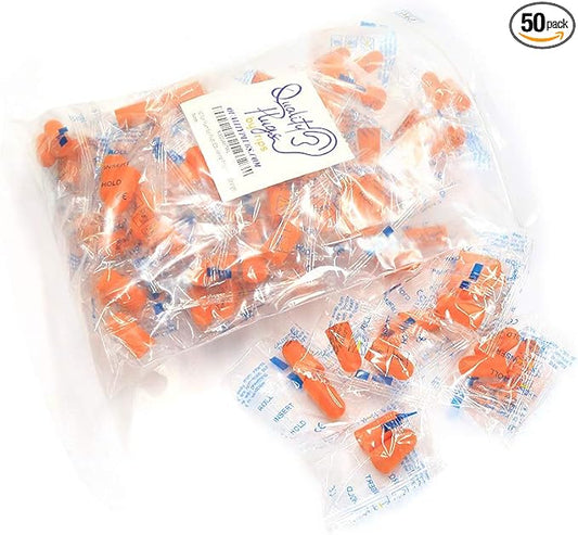 Quality Foam Earplugs 50 Pair- 32dB Noise Cancelling Disposable Individually Wrapped Packaged Bulk High Decibel Ear Plugs for Sleeping Travel Concert Shooting Hunting Study Work Construction Safety