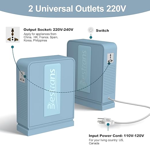 3000W Step Up Transformer 110v to 220v Converter, Heavy Duty Voltage Converter 110v to 220v with Dual Outlets, Overload Protection & Ultra-Quiet Design for Home Appliances, Light Blue