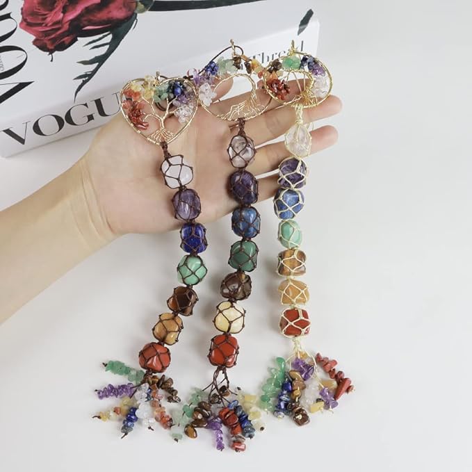 3 Pieces of 7 Chakras Healing Crystals and Tree of Life Wall Hanger Tumbled Gemstones Meditation Hanging Ornament Christmas Tree Memorial Hanging Pendant (Style 3)