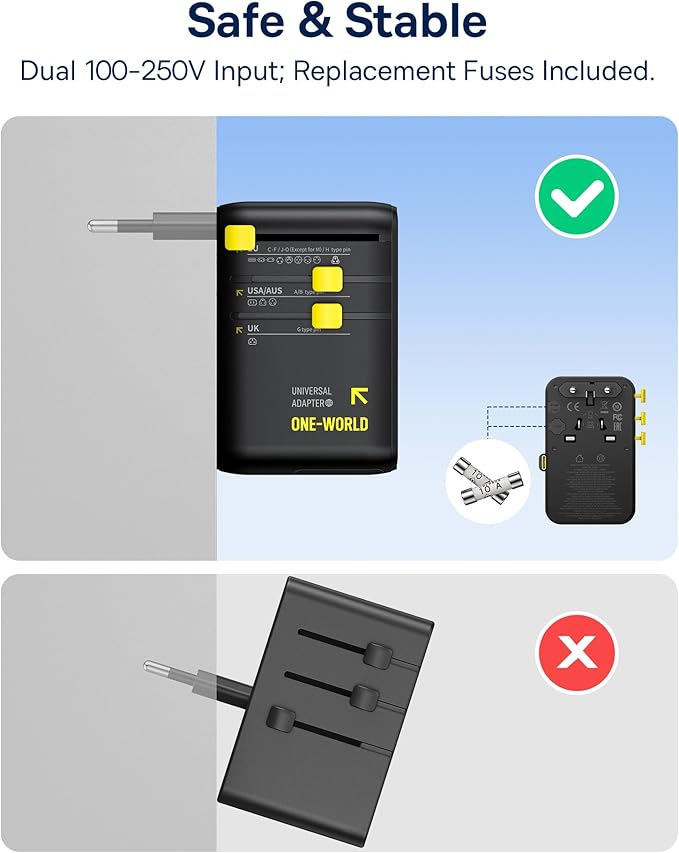 Baseus 45W European Travel Plug Adapter, 6-in-1 Universal Power Adapter with USB-C Retractable Cable, PD Fast Charging GaN International Travel Essentials for Over 200 Countries - Picogo AG11