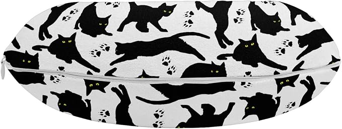 Ambesonne Cat Travel Pillow Neck Rest, Cats Yellow Eyes in Different Positions Paw Traces Playful Feline Animal, Memory Foam Traveling Accessory for Airplane and Car, 12", Black Charcoal