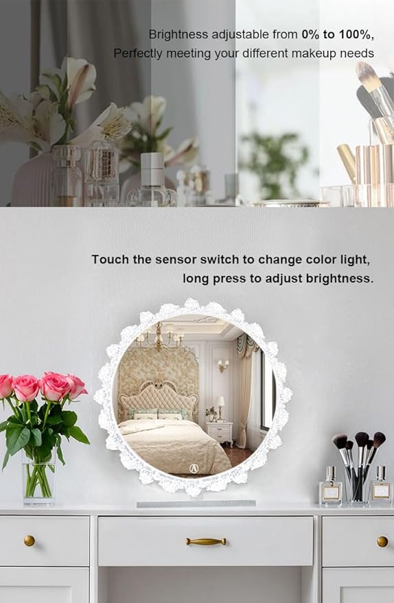 Crystal LED Vanity Mirror with Touch Control 3 Color Lights, Dimming 360° Rotation Desktop Elegant Decorative Hollywood HD Makeup Mirror(Tabletop Mirror-30cm)