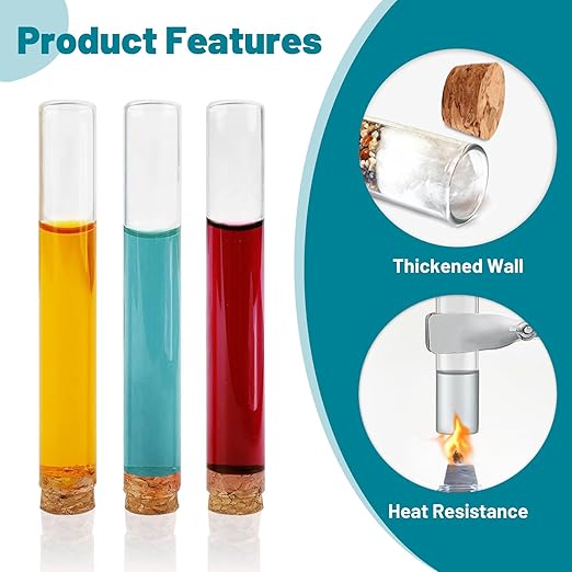 6pcs 100ml Glass Test Tube with Cork Stopper, 30 x 200mm Flat Bottom Storage Tube with Cap, 6 Holes Acrylic Rack, Plant Propagation Vase Set for Scientific Experiments Lab Candy Party Decor