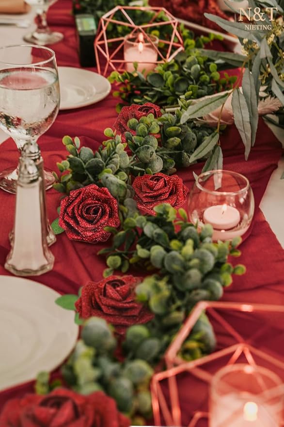 N&T NIETING Artificial Flowers Glowing Red Flowers Foam 50pcs Glitter Roses Real Looking Fake Roses with Stem for DIY Wedding Bouquets Centerpieces Bridal Shower Party Mother's Day Home Decorations