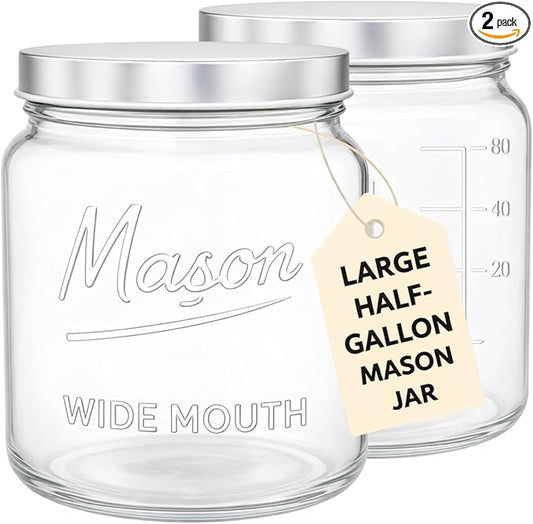 Kitchentoolz 64 oz Mason Jars Wide Mouth 2-Pack – Half Gallon Glass Jar with Lid – Large Mason Jars with Lids for Food Storage, Canning, and Fermenting