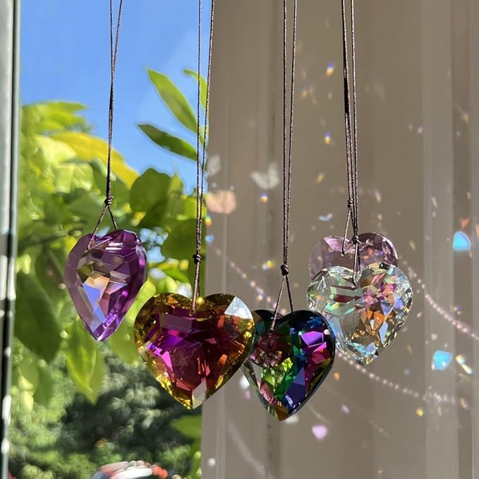 Colorful Heart Crystals Suncatcher Hanging Sun Catcher with Chain Pendant Ornament for Window Home Garden Christmas Day Party Wedding Decoration (Purple)