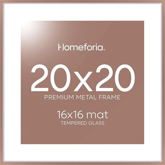 Homeforia 20x20 Picture Frame Mocha, High End Metal 20x20 Square Poster Frame Matted to 16x16 Print, 20 x 20 Mocha Frames with Mat 16 x 16 Photo, 20by20 Thin Frames, Tempered Glass, Wall Kit, Set of 1