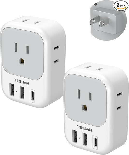 TESSAN 2 Prong to 3 Prong Outlet Adapter 2 Pack, US to Japan Plug Adapter with 4 Outlets 3 USB (1 USB-C), Outlet Adaptor US to Japan China Mexico Philippines Canada Peru Thailand Vietnam