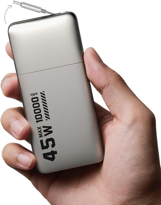 MFish 10000mAh Portable Charger, 45W PD Fast Charging Power Bank with Retractable Built-in USB-C Cable, Flight-Safe Travel Battery Pack for iPhone 17/16 Pro Max, Samsung S25 S24, iPad, Google etc