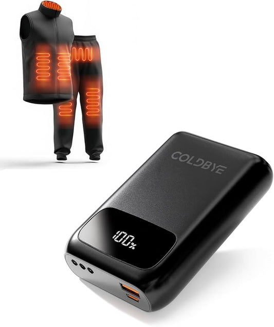ColdBye Heated Vest Battery Pack 𝟕.𝟒𝐕 5𝐀 𝟐𝟎𝟎𝟎𝟎𝐦𝐀𝐡, Type-C and USB 5V Output, PD 30W Fast-Charging with 7.4V Tri-Size DC Built-in Ports (3.5 mm / 3.8 mm / 4.0 mm) for Heated Jacket