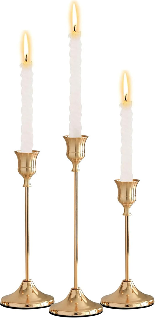 Taper Candle Holders, Tall Vintage Metal Candlestick Holders, 3 PCS Brass Gold Candle Sticks Holders for Home Decor Table Centerpiece Wedding Housewarming Festival, Rose Gold, 1 Set (3 pcs)