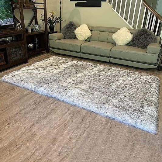 LAMBZY High Pile Super Soft Faux Sheepskin Rug (White/Black, 3'x5')