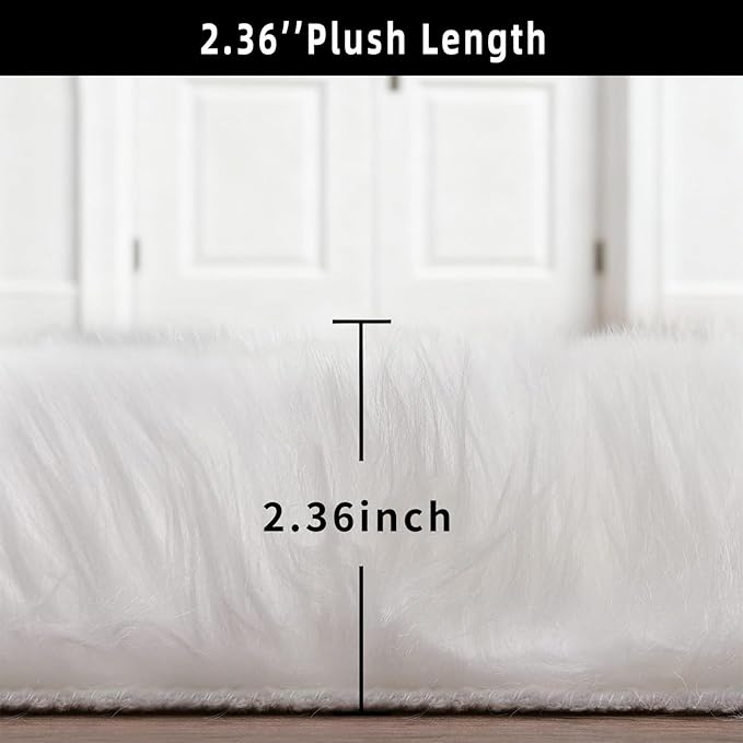 White Faux Fur Sheepskin Area Rug for Living Room Bedroom, 6 x 6 Feet Ultra Soft Shaggy Fuzzy Furry Carpet Chair Throw Large Rugs for Kids, Girls, Nursery Room Decor Dorms