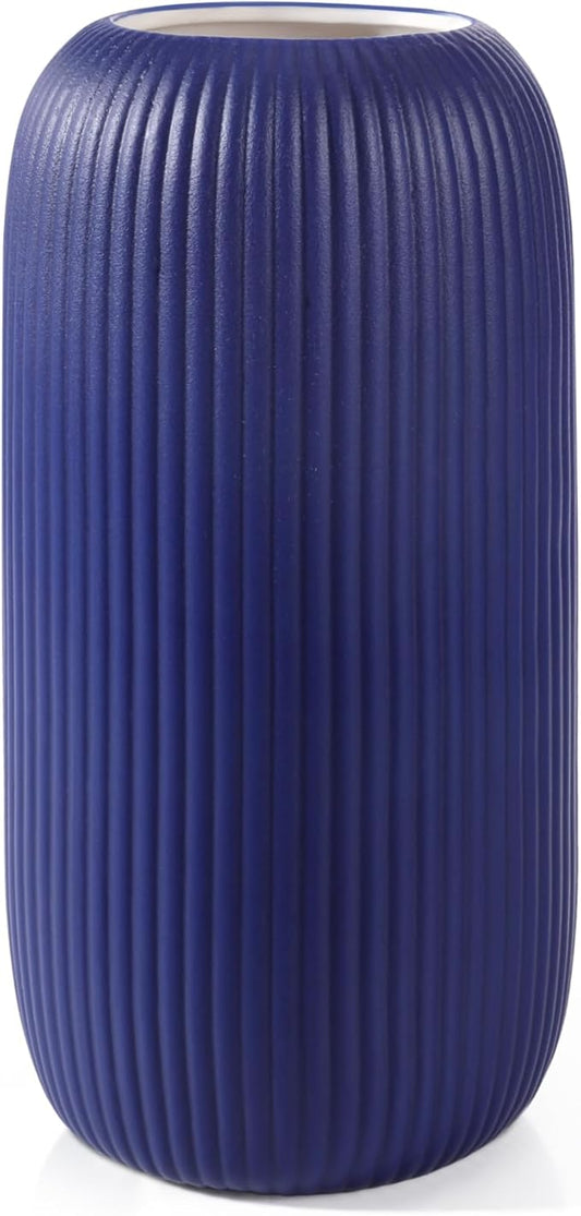 Ceramic Vase for Flowers – Modern Small Ribbed Textured Flower Vase for Home Decor, Pampas Grass, Decorative, Farmhouse, Coffee Table, Kitchen Centerpieces, Bookshelf and Home Living (Navy Blue)