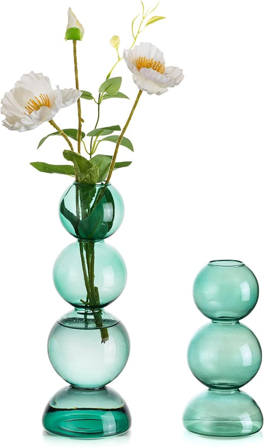 Glass Bubble Vases for Flowers, Hewory 2pcs Green Unique Cute Single Flower Vase for Centerpieces, Funky Aesthetic Vase Skinny Bud Vase, Cool Groovy Decor for Home Living Room Bedroom Office Tabletop