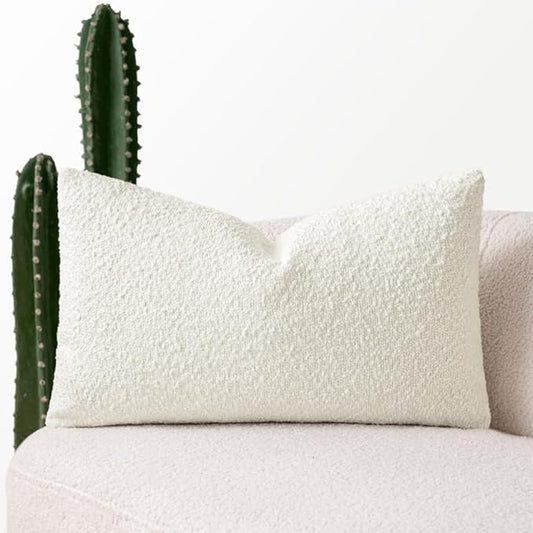 MIULEE Textured Boucle Throw Pillow Cover White Accent Solid Lumbar Christmas Pillow Case Decorative Soft Pack of 1 Couch Cushion Chair Sofa Bedroom Livingroom Home Decor,12x20 Inch