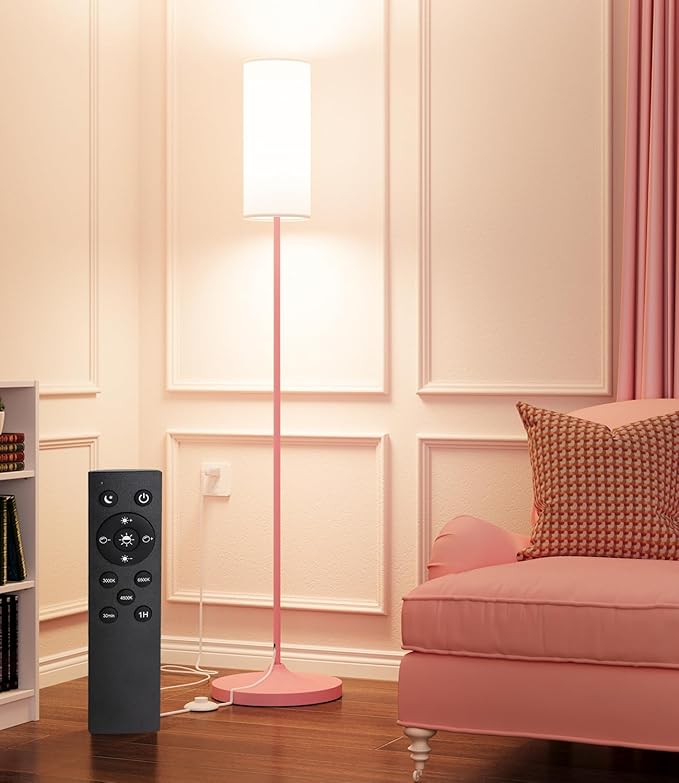 luckystyle LED Floor Lamp for Living Room, Dimmable Tall Lamps with Foot Switch,Remote Custom Color Temperature Pink Pole Lamp with Lampshade,12W Led Bulb Standing Lamps for Bedroom Office Kid Room