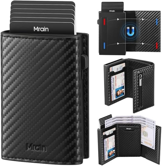 Mrain Mens Slim Minimalist Wallet Card Holder with Coin Pocket, Cash Slot, Magnetic Closure, Pop Up Aluminum Case, ID Window, Leather Wallet, RFID Blocking, 9-13 Card Capacity (Carbon Black)