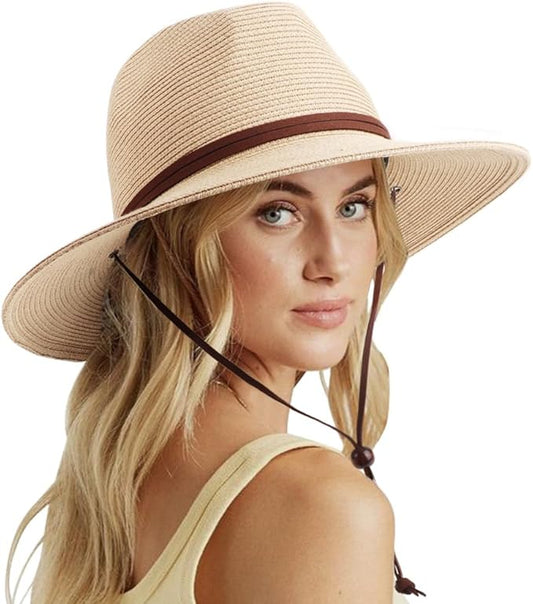 DRESHOW Women Straw Panama Hat Travel Fedora Beach Sun Hat Summer Wide Brim Straw Roll up Hat UPF 50+
