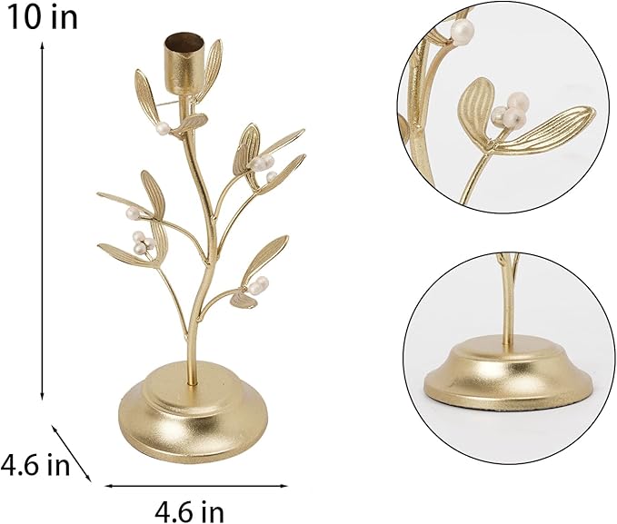 Candle Stick Holder Table Decor - Elegant Golden Metal Mistletoe Candle Holder Decorative for Coffee Gold for Living Room Symbol of Love and Life Flower Gifts 4.6 x 4.6 x 10 Inch Guichifun