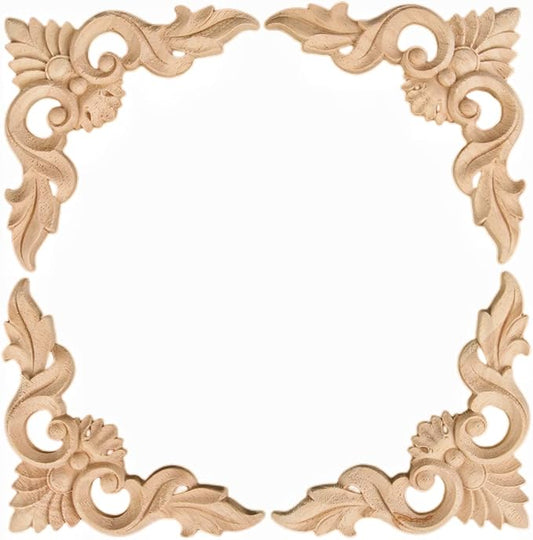 MUXSAM 4Pcs Wood Carved Appliques Onlays, Unpainted Little Wooden Corners Flower Carvings Decals for Mirrors Cabinets Walls Doors Chests Dressers Night Stand DIY Artwork Project, 12x12cm/4.72"x4.72"