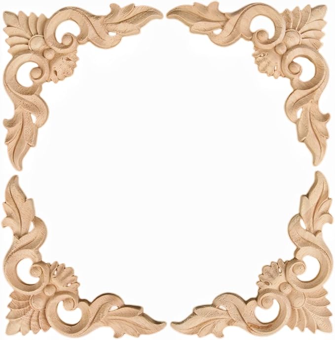 MUXSAM 4Pcs Wood Carved Appliques Onlays, Unpainted Little Wooden Corners Flower Carvings Decals for Mirrors Cabinets Walls Doors Chests Dressers Night Stand DIY Artwork Project, 15x15cm/5.9"x5.9"