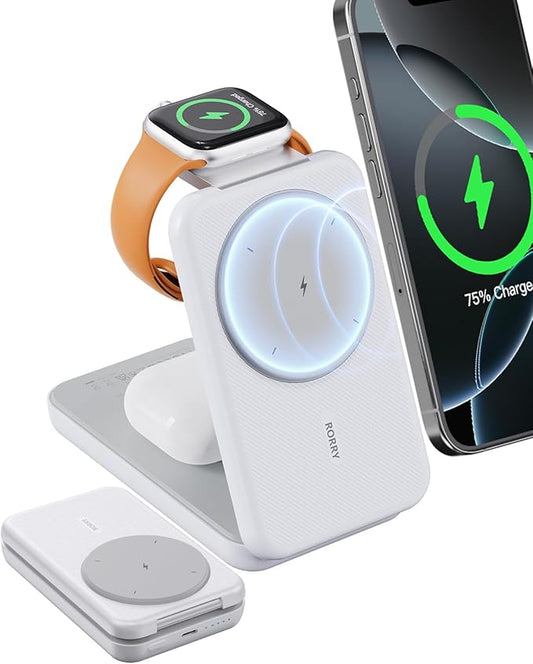RORRY Portable Charger, 3-in-1 Charging Station 10000mAh Portable Charger Power Bank for MagSafe Foldable Battery Pack Travel for iPhone 17/16/15/14/13/12, for Apple Watch 11/10/9/8/7/Ultra/3/2, White