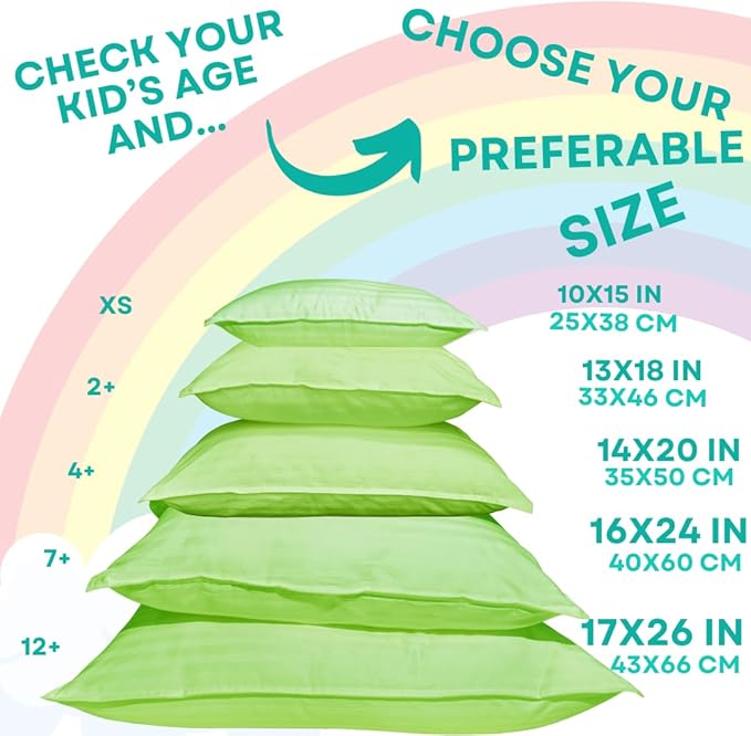 kinder Fluff Toddler Pillows (2Pack) 13x18in - Small Pillow for Kids Age 2+, 100% Cotton Sateen Stripes Shell 300T, Down Alternative Fill, Machine Washable - Children & Travel Cushion - Green- S