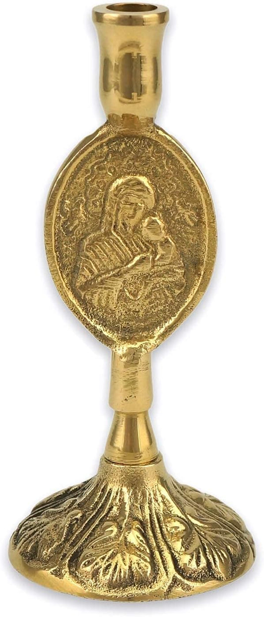 Theotokos Design Brass Candle Holder – Christian Candlestick for Thin Orthodox Candles, 3.74 in Height
