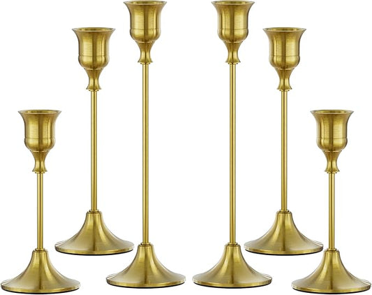 FSyueyun Brass Candlestick Holders Set of 6, Elegant Metal Candlestick Holders for Vintage Taper Candle Holders, Perfect for Table Centerpieces, Fireplace, Home Decor, Weddings and Party Decorations